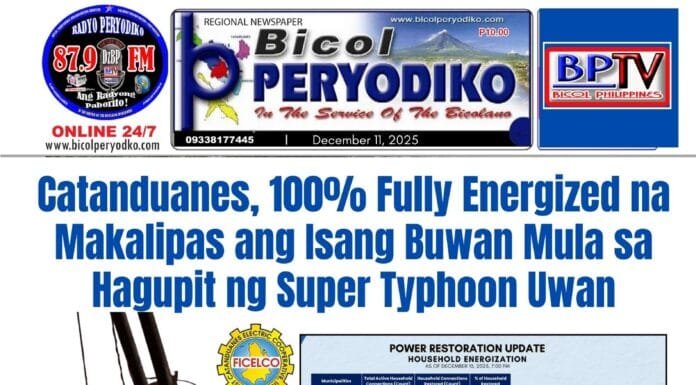 Catanduanes Fully Restores Power One Month After Super Typhoon Uwan