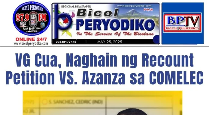 VG Cua Files Recount Petition vs. Azanza at COMELEC